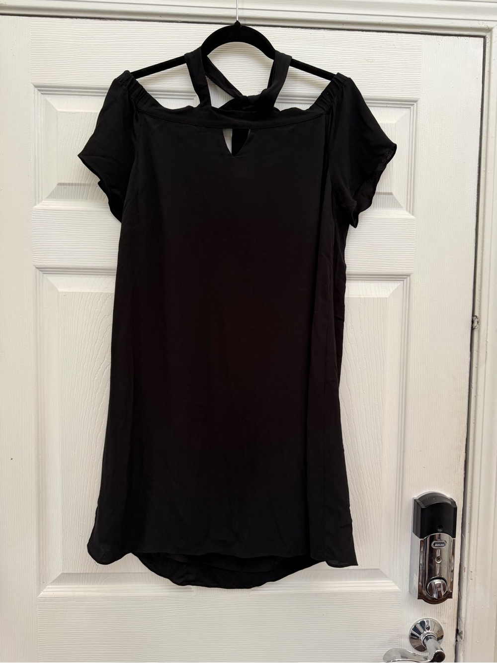 Black Short Sleeve Keyhole Dress with Halter Tie Neck and Off Shoulder Sleeves